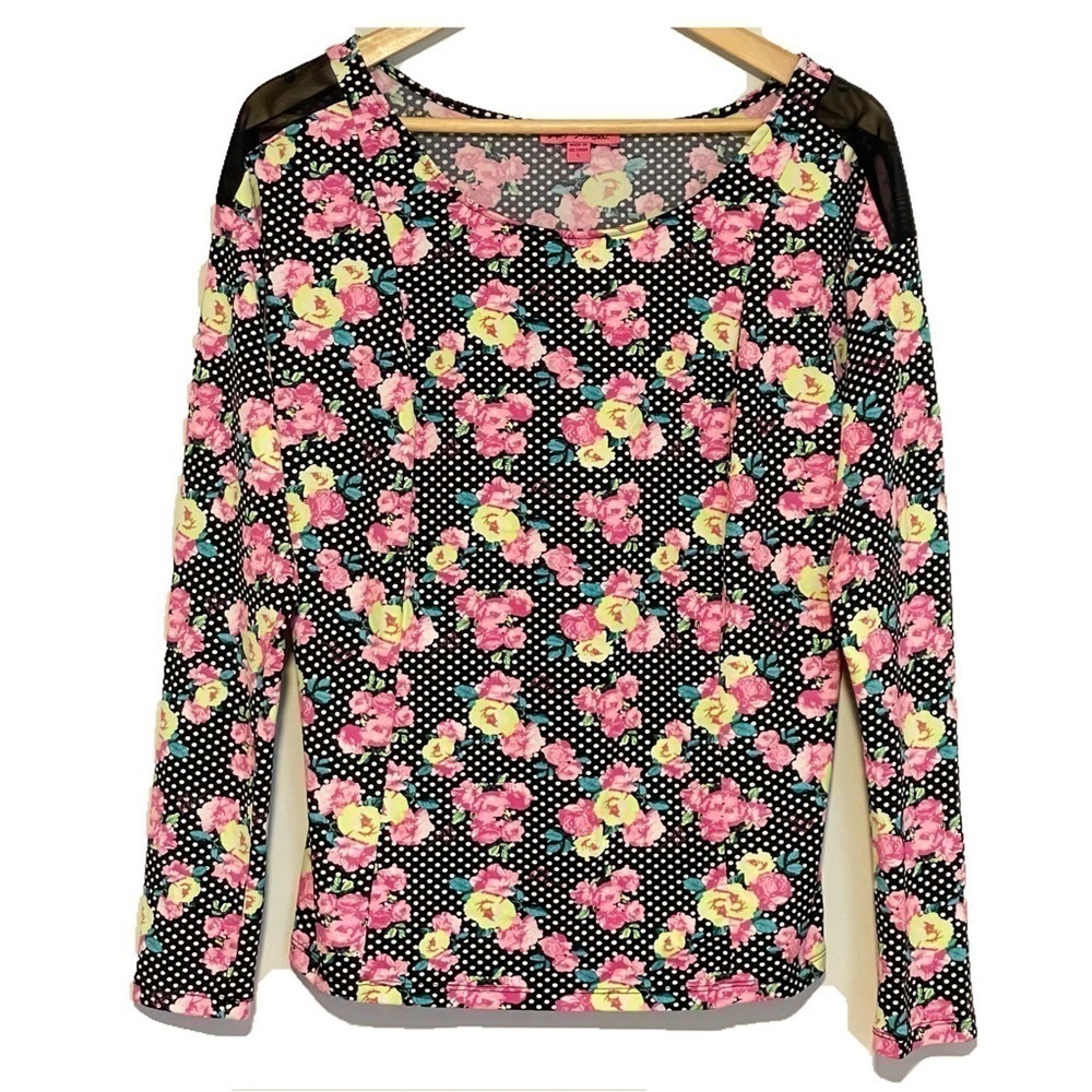 Betsey Johnson Polka Dot Floral Princess Cut Top Coquette Pin Up Statement Top
